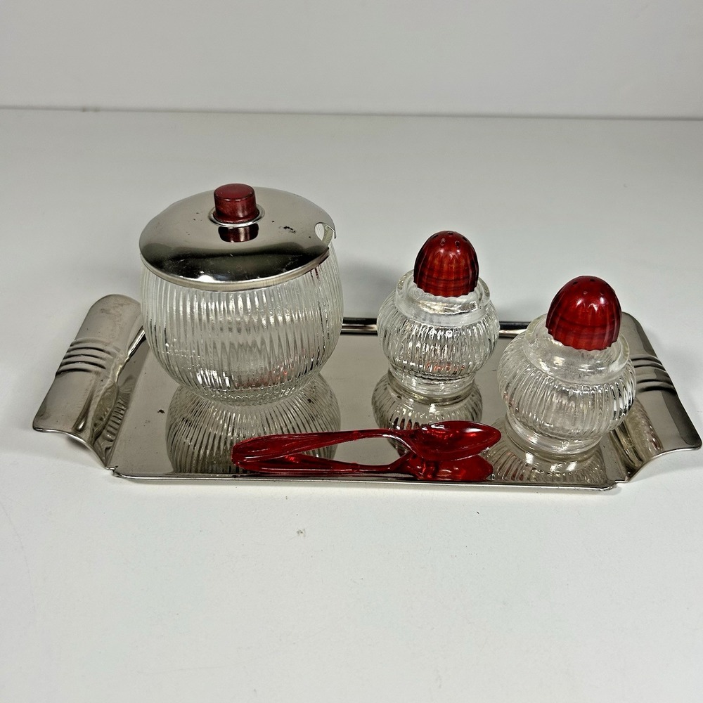 Vintage Deco Salt / Pepper‎ / Covered Bowl / Tray Glass Condiment Set READ